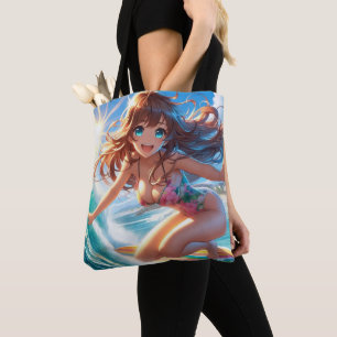 Bolsa Tote Garota surfista de anime costeira/náutica/tropical