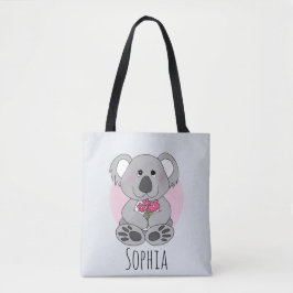 Bolsa Tote Garotas Cute Koala Bear e Flores e Nome Infantil