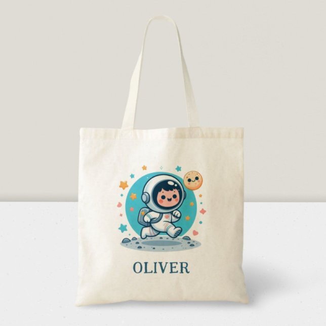 Bolsa Tote Garoto Astronauta Fofo na Lua (Criador carregado)