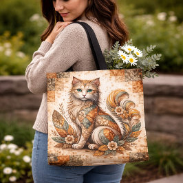 Bolsa Tote Gata Espírito, Arte Folclórica Rústica Remendada B