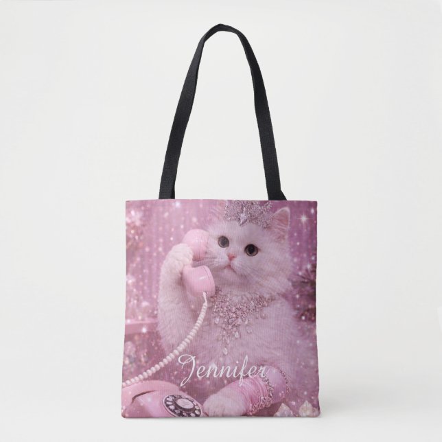 Bolsa Tote Gatinha Princesa Glamourosa Usando Telefone (Frente)
