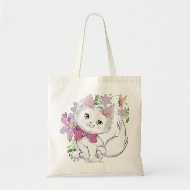Bolsa Tote Gatinho Adorável Com Borboleta E Flores (Frente)