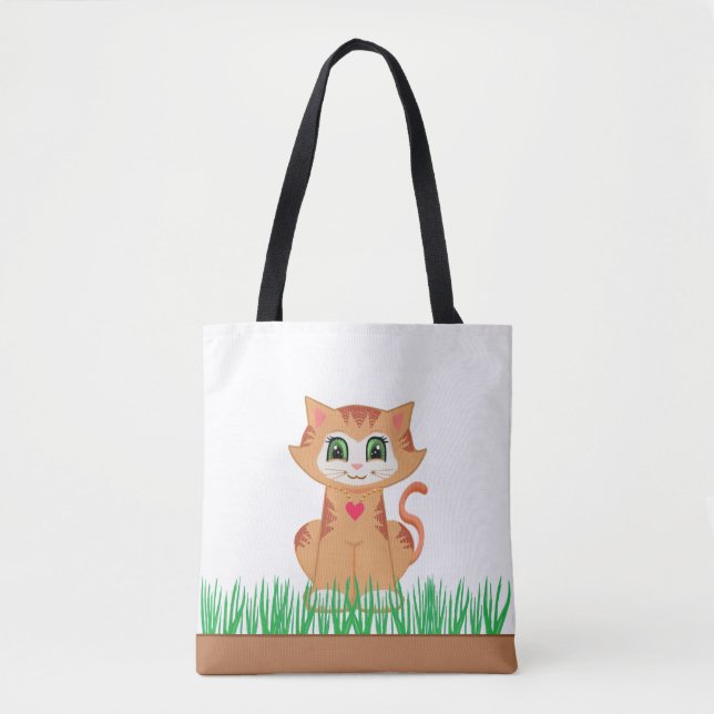 Bolsa Tote Gatinho Atigrado Fofo e Plantas de Grama (Frente)
