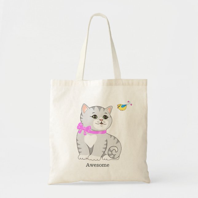 Bolsa Tote Gatinho Atigrado Fofo & Passarinho (Frente)