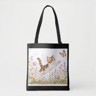 Bolsa Tote Gatinho Bordado Perseguindo Borboleta em Flor Silv