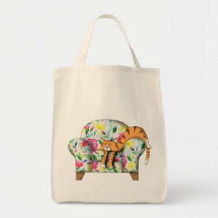 Bolsa Tote Gatinho de desenho dormindo em uma cadeira floral