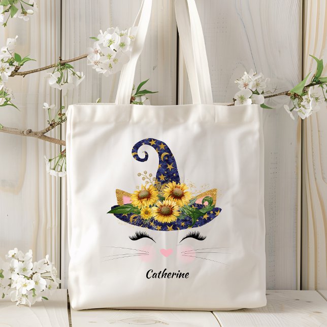Bolsa Tote Gatinho de Gato de Bruxa de Sunflower Halloween Pe (Criador carregado)