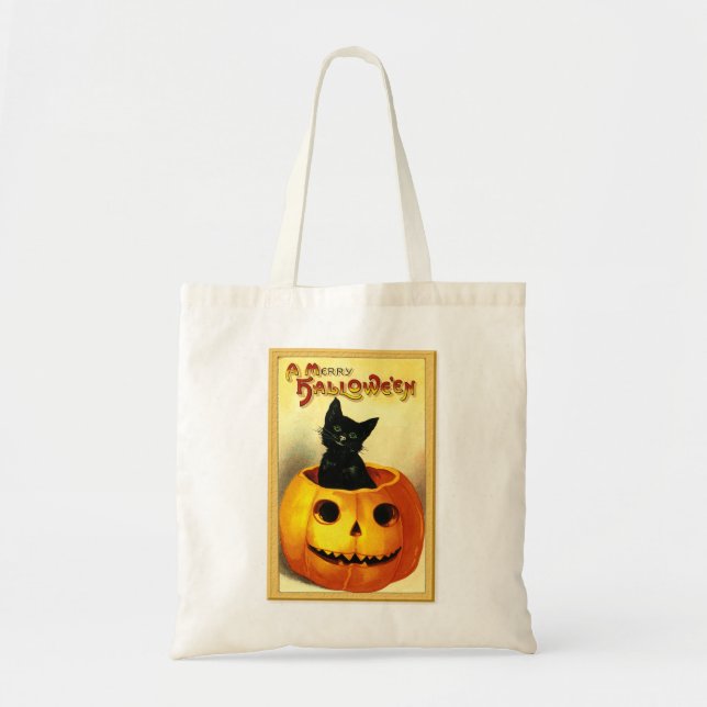 Bolsa Tote Gatinho de Halloween sentado em Jack O Lanterna (Frente)