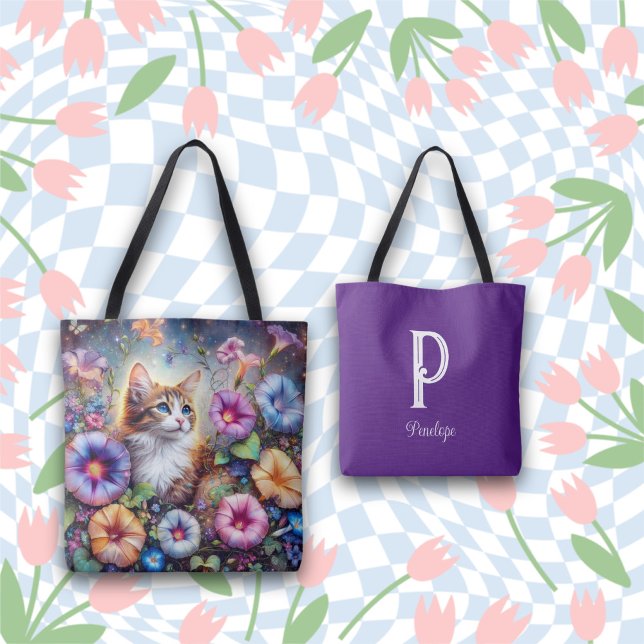 Bolsa Tote Gatinho de Jardim de Flor de Nome Personalizado de (Criador carregado)