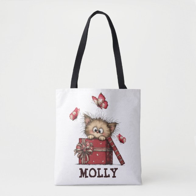 Bolsa Tote Gatinho Fofo com Borboletas Personalizado (Frente)
