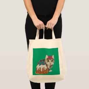 Bolsa Tote gatinho fofo comendo pudim de gato no natal
