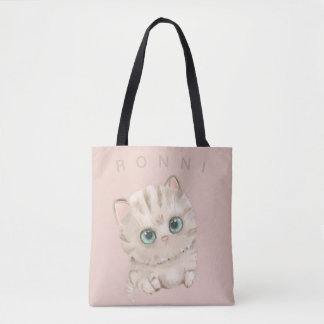 Bolsa Tote gatinho fofo, de olhos verdes, listrado