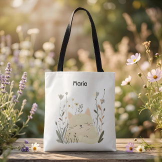 Bolsa Tote Gatinho Fofo Dormindo Sage e Floral Pastel