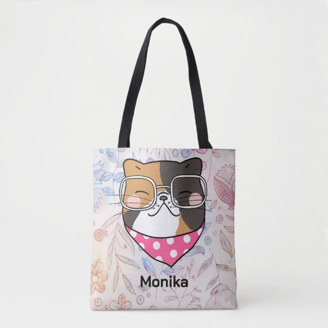 Bolsa Tote Gatinho Gelado Rosto De Gato Com Óculos Monograma (Frente)
