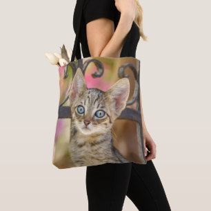 Bolsa Tote Gatinho jovem e giro com olhos azuis num jardim