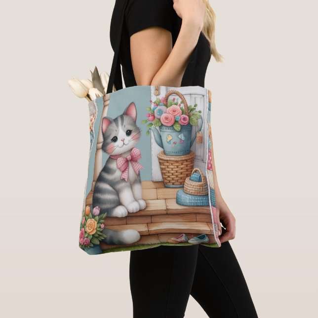 Bolsa Tote Gatinho no Alpendre Cena Floral Patchwork (Close Up)