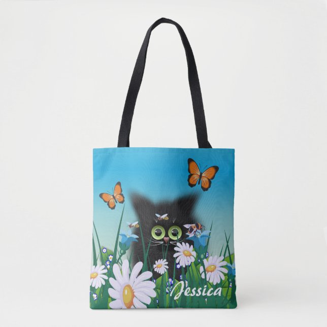 Bolsa Tote Gatinho Preto e Disias Bonitos Personalizados (Frente)