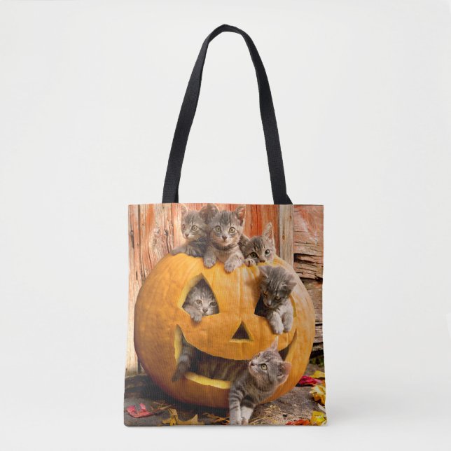 Bolsa Tote Gatinhos no Jack-o-Lanterna (Frente)