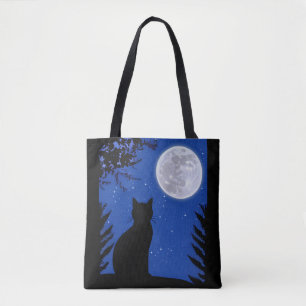 Bolsa Tote Gato a olhar para a lua cheia