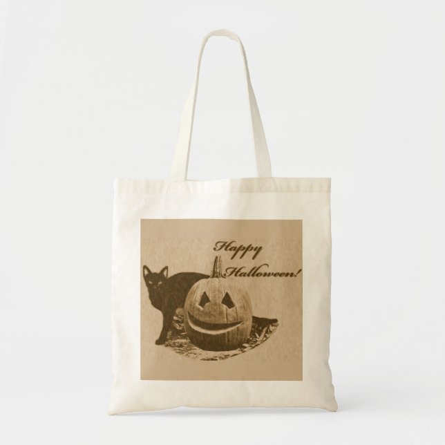 Bolsa Tote Gato & Abóbora Feliz Halloween (Frente)