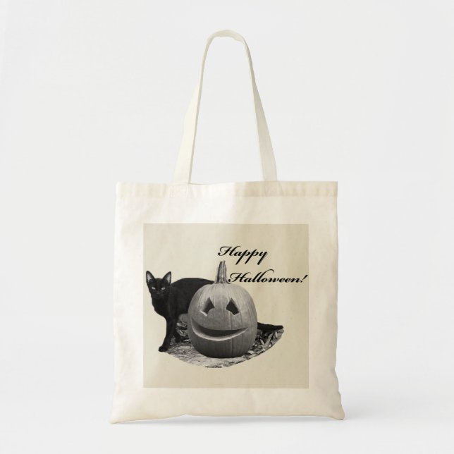 Bolsa Tote Gato & Abóbora Feliz Halloween (Frente)
