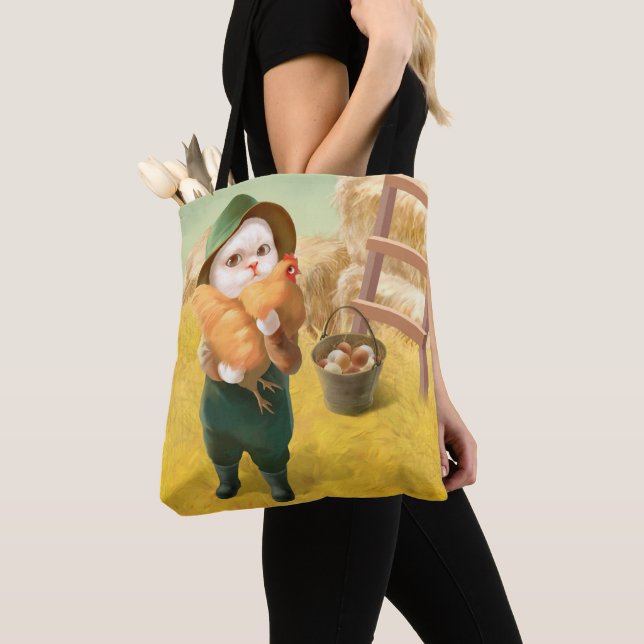 Bolsa Tote Gato Adorável com Hen na Fazenda (Close Up)