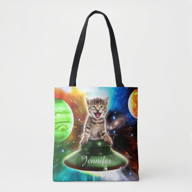 Bolsa Tote gato alienígena no disco do úfo (Frente)