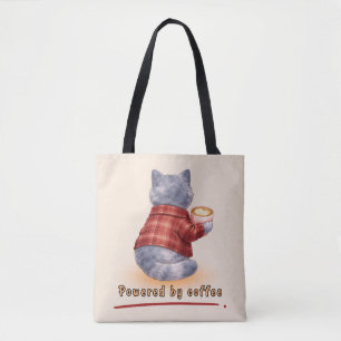 Bolsa Tote Gato "Alimentado por Café" Segurando Uma Xícara de