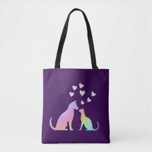 Bolsa Tote Gato Arco-Íris Fofo e Silhueta de Cachorro Amor Ro
