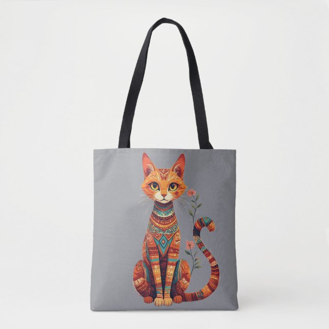Bolsa Tote Gato Artístico Fofo com Ramo Floral (Frente)