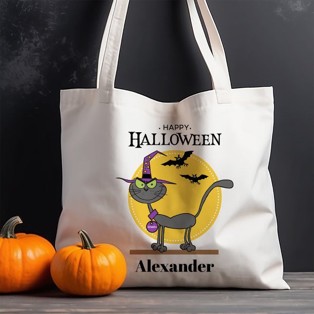 Bolsa Tote Gato Assustador com Morcegos Halloween Personaliza (Criador carregado)