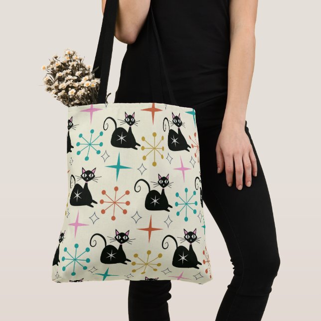 Bolsa Tote Gato Atômico Negro de meio século com Starbursts (Close Up)