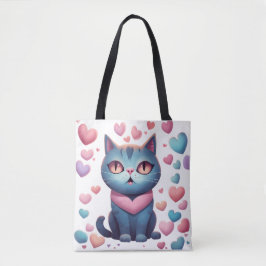 Bolsa Tote Gato Azul Bonito Com Gato De Coração | Kawaii Vale