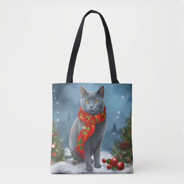 Bolsa Tote Gato Azul Russo no Natal com Neve (Frente)