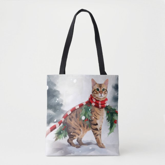 Bolsa Tote Gato Bengala no Natal da Neve (Frente)