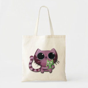 Bolsa Tote Gato bonito do gatinho com o monstro verde pequeno