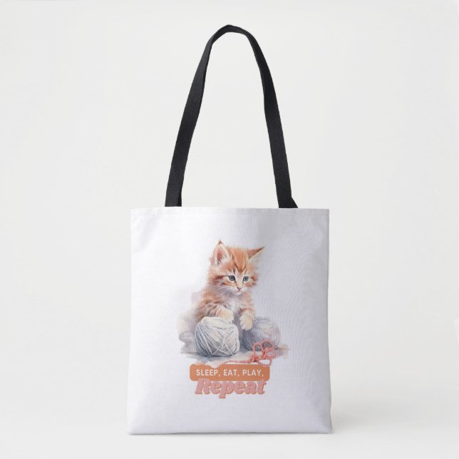 Bolsa Tote Gato Bonito "Dormir, Comer, Jogar, Repetir" (Frente)