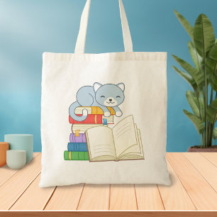 Bolsa Tote Gato Bonito em cima de uma Pilha de Livros