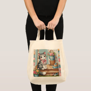 Bolsa Tote Gato Bonito em Porch com Flores e Correspondência