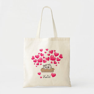 Bolsa Tote Gato bonito numa caixa e corações cor-de-rosa