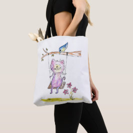 Bolsa Tote Gato Branco Cinto-Rosa em Swing