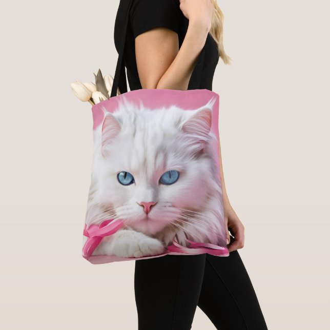 Bolsa Tote Gato Branco Com Fitas Rosa (Close Up)
