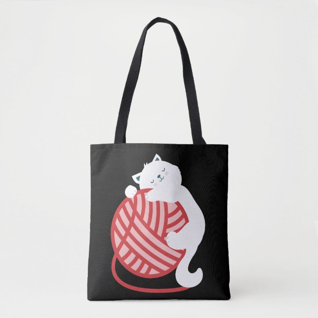 Bolsa Tote Gato branco-cúmulo com bola de fios (Frente)