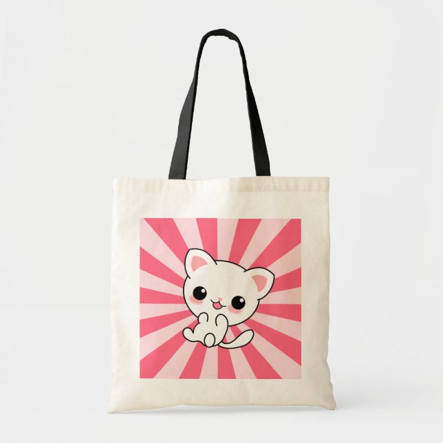 Bolsa Tote Gato Branco e Bonito Cawaii Rosa (Frente)