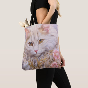 Bolsa Tote Gato Branco Elegante em Ouro e Diamantes