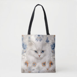 BOLSA TOTE GATO BRANCO FLUFFY COM FLORES AZUIS E LARANJAS
