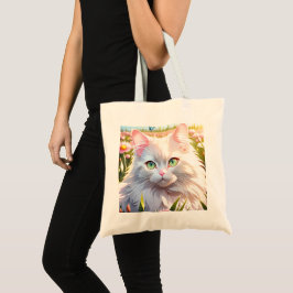 Bolsa Tote Gato Branco na Arte AI de Campo Flor