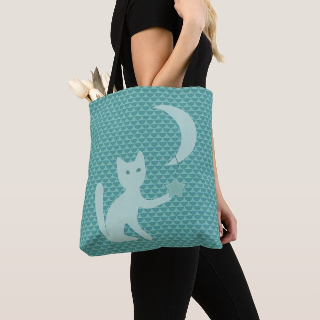 Bolsa Tote Gato Brincando com Lua e Teal das Estrelas (Close Up)