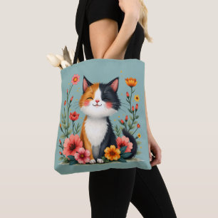 Bolsa Tote Gato Calico Fofo com Estética Floral Cottagecore