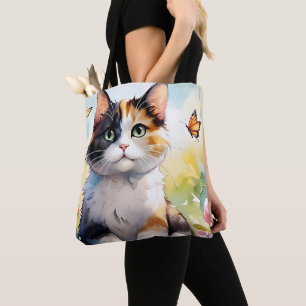 Bolsa Tote Gato Calico no Jardim de Primavera com Borboletas